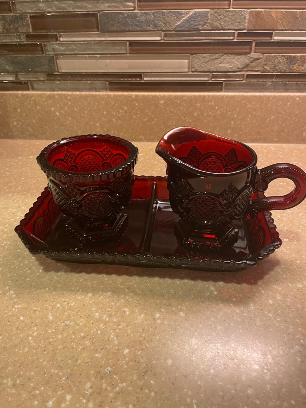 Avon Cape Cod Glass Creamer  & Sugar Set with Condiment Tray